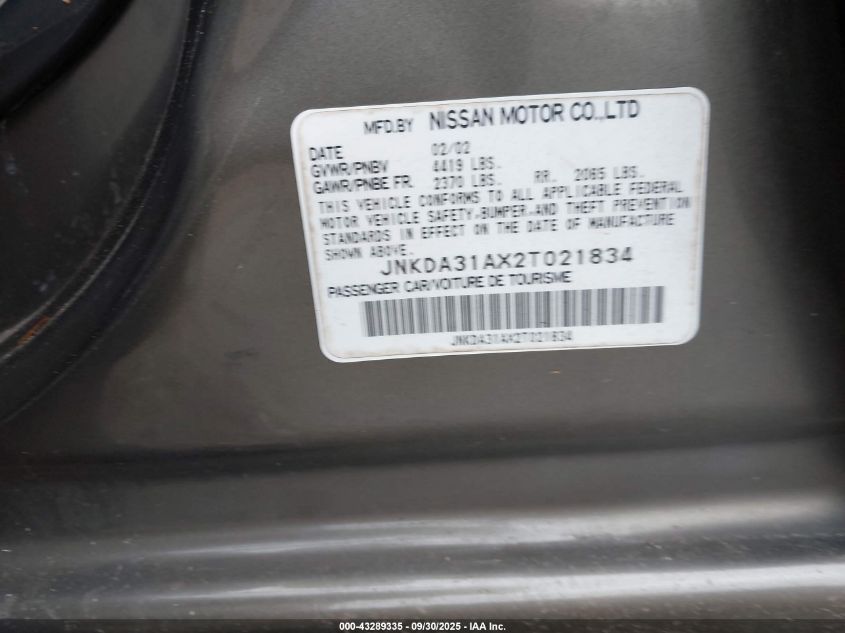 2002 Infiniti I35 Luxury VIN: JNKDA31AX2T021834 Lot: 43289335