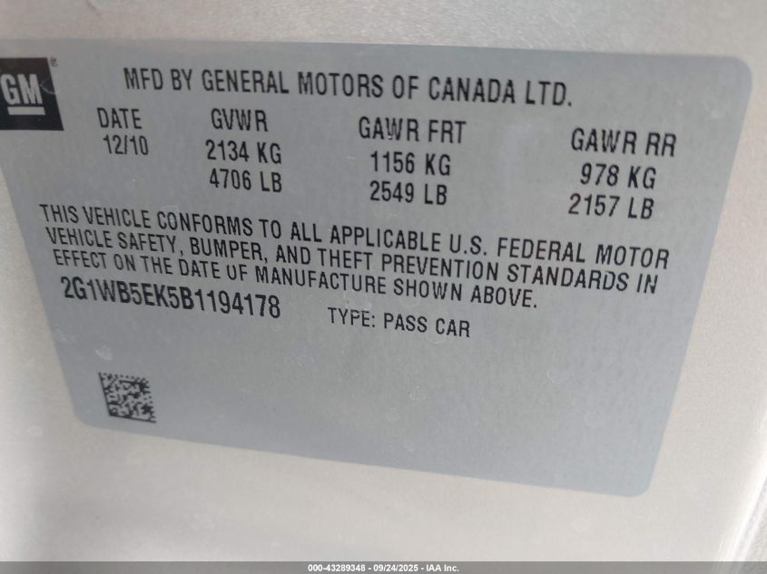 2011 Chevrolet Impala Lt VIN: 2G1WB5EK5B1194178 Lot: 43289348