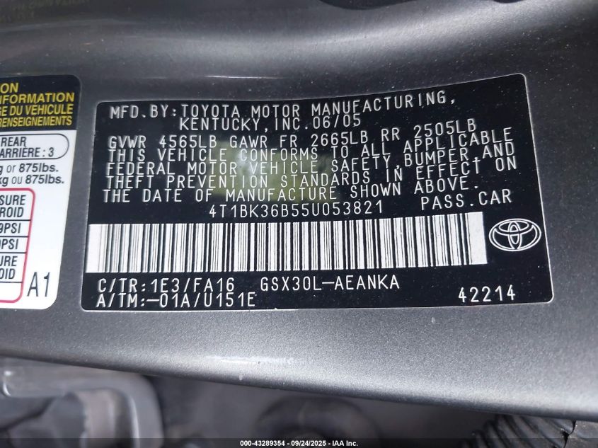 2005 Toyota Avalon Xl VIN: 4T1BK36B55U053821 Lot: 43289354