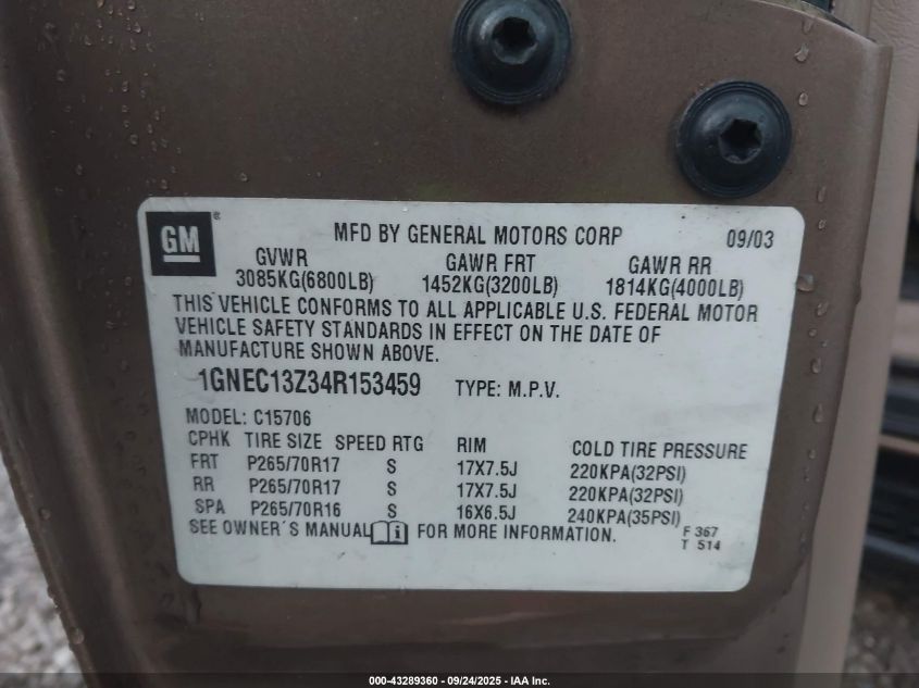 2004 Chevrolet Tahoe Lt VIN: 1GNEC13Z34R153459 Lot: 43289360