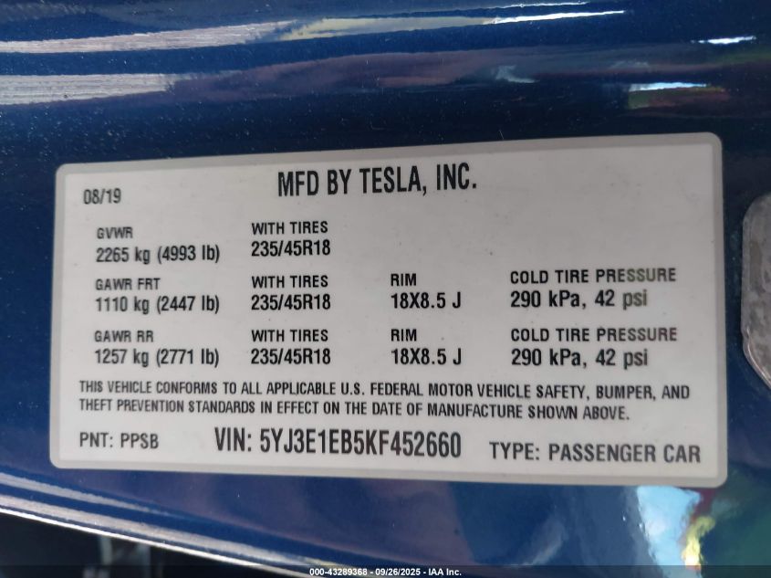 2019 Tesla Model 3 Long Range/Performance VIN: 5YJ3E1EB5KF452660 Lot: 43289368