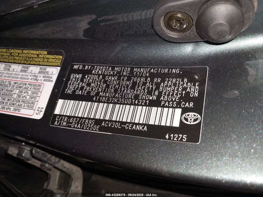 2005 Toyota Camry Le VIN: 4T1BE32K35U014321 Lot: 43289376