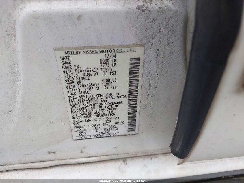 2005 Nissan Pathfinder Le VIN: 5N1AR18W55C719769 Lot: 43289377