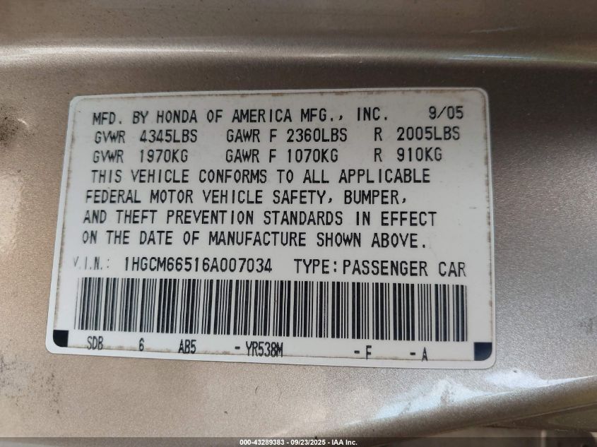 2006 Honda Accord 3.0 Ex VIN: 1HGCM66516A007034 Lot: 43289383