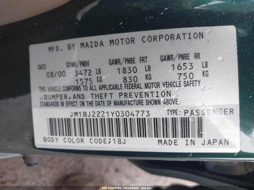 2000 Mazda Protege Dx/Lx VIN: JM1BJ2221Y0304773 Lot: 43289389