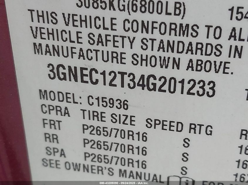 2004 Chevrolet Avalanche 1500 VIN: 3GNEC12T34G201233 Lot: 43289390
