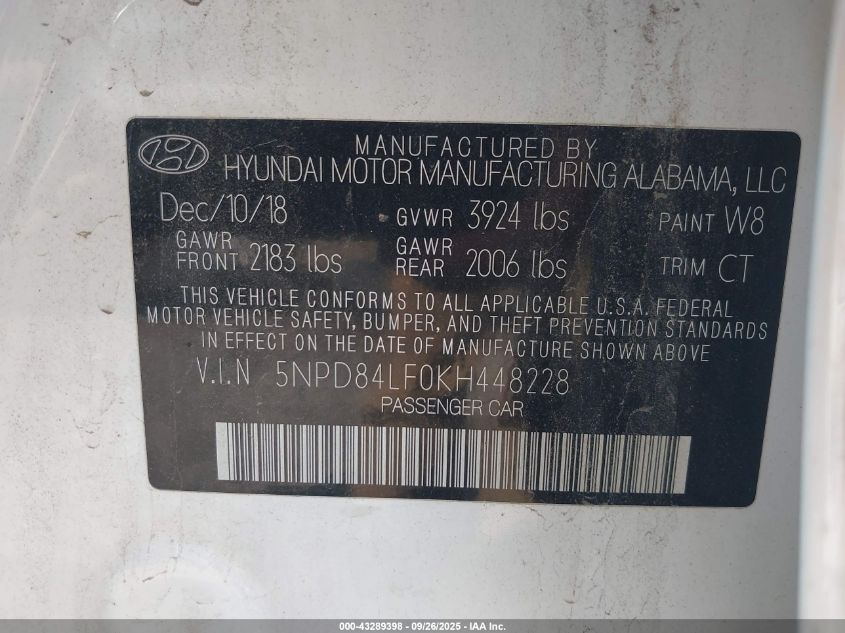 2019 Hyundai Elantra Sel VIN: 5NPD84LF0KH448228 Lot: 43289398