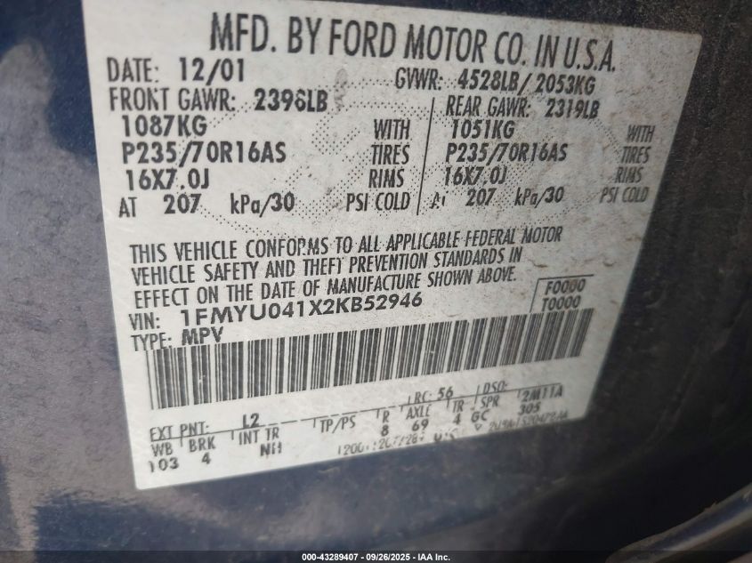 2002 Ford Escape Xlt VIN: 1FMYU041X2KB52946 Lot: 43289407