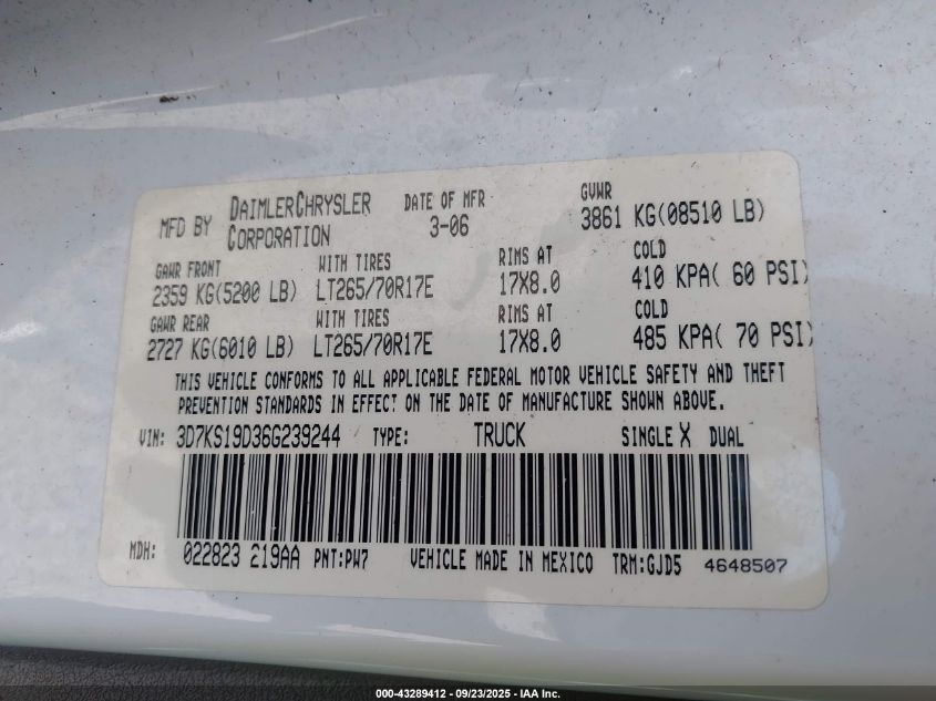 2006 Dodge Ram 1500 Laramie VIN: 3D7KS19D36G239244 Lot: 43289412