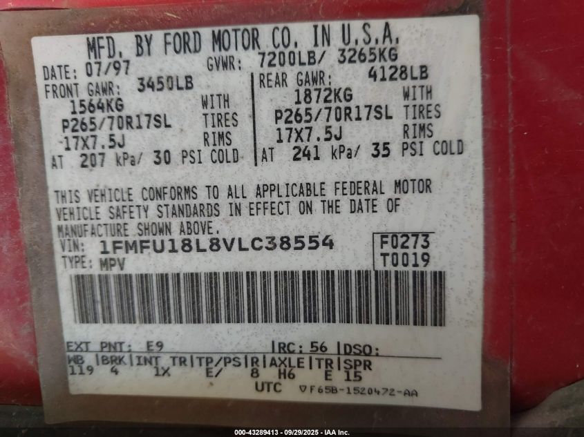 1997 Ford Expedition Eddie Bauer/Xlt VIN: 1FMFU18L8VLC38554 Lot: 43289413