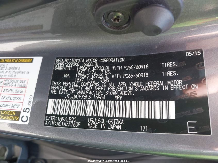 2015 Lexus Gx 460 Luxury VIN: JTJJM7FX6F5116964 Lot: 43289417