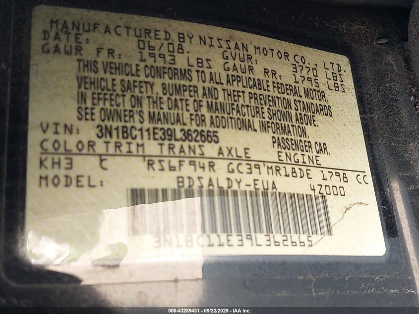 2009 Nissan Versa 1.8S VIN: 3N1BC11E39L362665 Lot: 43289431