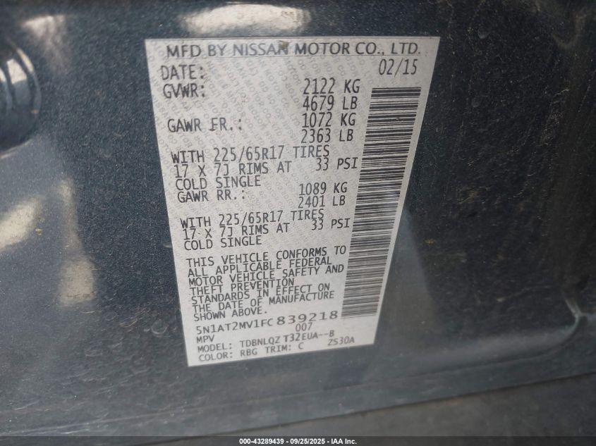 2015 Nissan Rogue Sv VIN: 5N1AT2MV1FC839218 Lot: 43289439