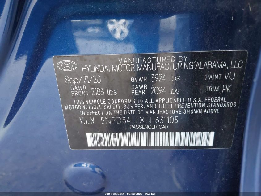 2020 Hyundai Elantra Sel VIN: 5NPD84LFXLH631105 Lot: 43289444