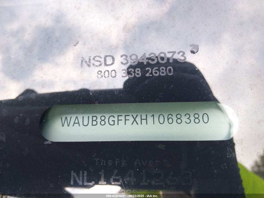 2017 Audi A3 2.0T Premium VIN: WAUB8GFFXH1068380 Lot: 43289451