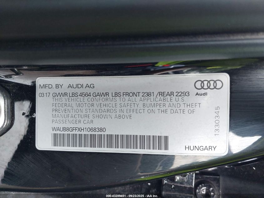 2017 Audi A3 2.0T Premium VIN: WAUB8GFFXH1068380 Lot: 43289451