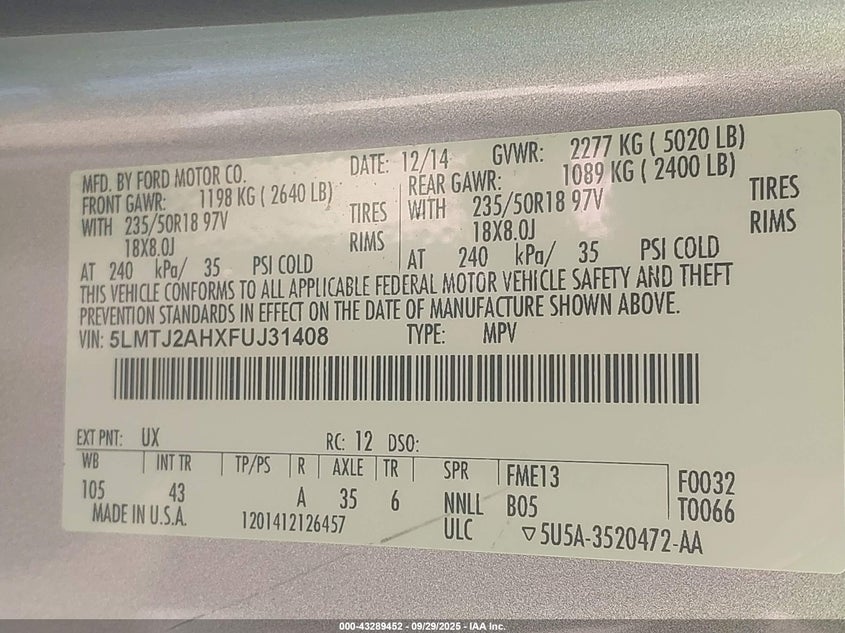 2015 LINCOLN MKC - 5LMTJ2AHXFUJ31408