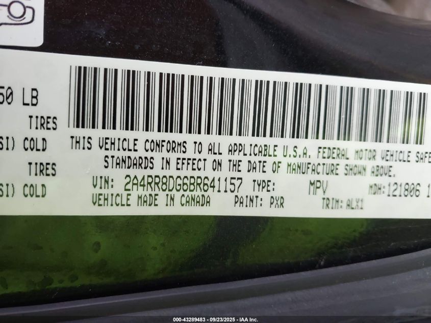 2011 Chrysler Town & Country Touring-L VIN: 2A4RR8DG6BR641157 Lot: 43289483