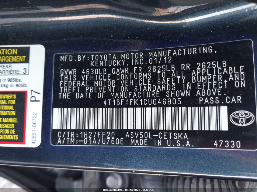 2012 Toyota Camry Se VIN: 4T1BF1FK1CU046905 Lot: 43289494