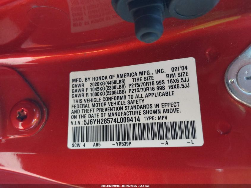 2004 Honda Element Ex VIN: 5J6YH28574L009414 Lot: 43289496