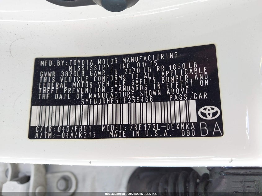 2015 Toyota Corolla Le VIN: 5YFBURHE5FP259468 Lot: 43289498