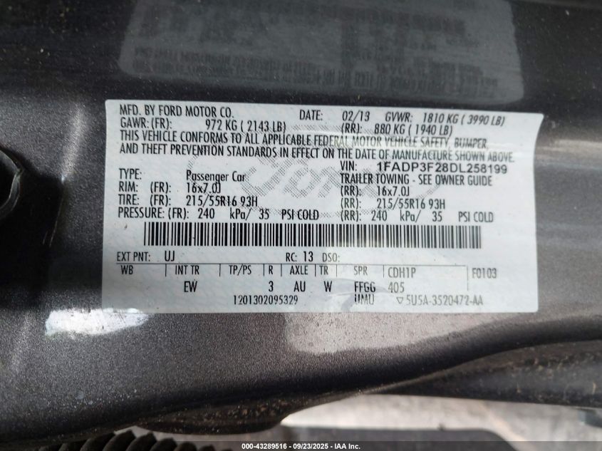 2013 Ford Focus Se VIN: 1FADP3F28DL258199 Lot: 43289516