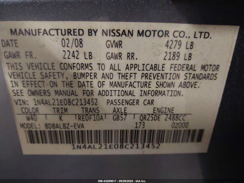 2008 Nissan Altima 2.5/2.5S VIN: 1N4AL21E08C213452 Lot: 43289517