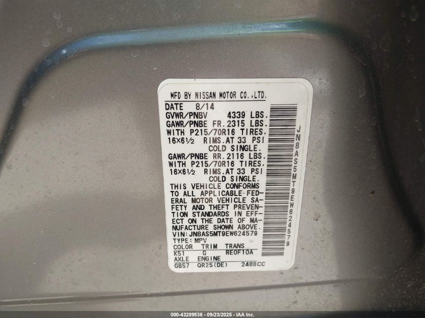 2014 Nissan Rogue Select S VIN: JN8AS5MT9EW624579 Lot: 43289536