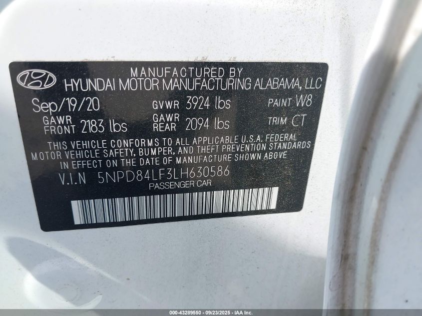 2020 Hyundai Elantra Sel VIN: 5NPD84LF3LH630586 Lot: 43289550