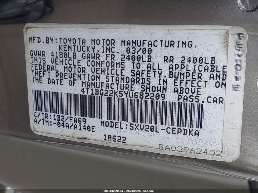 2000 Toyota Camry Ce VIN: 4T1BG22K5YU682209 Lot: 43289554