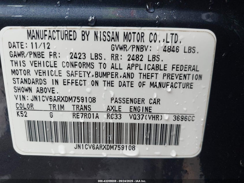 2013 INFINITI G37X - JN1CV6ARXDM759108