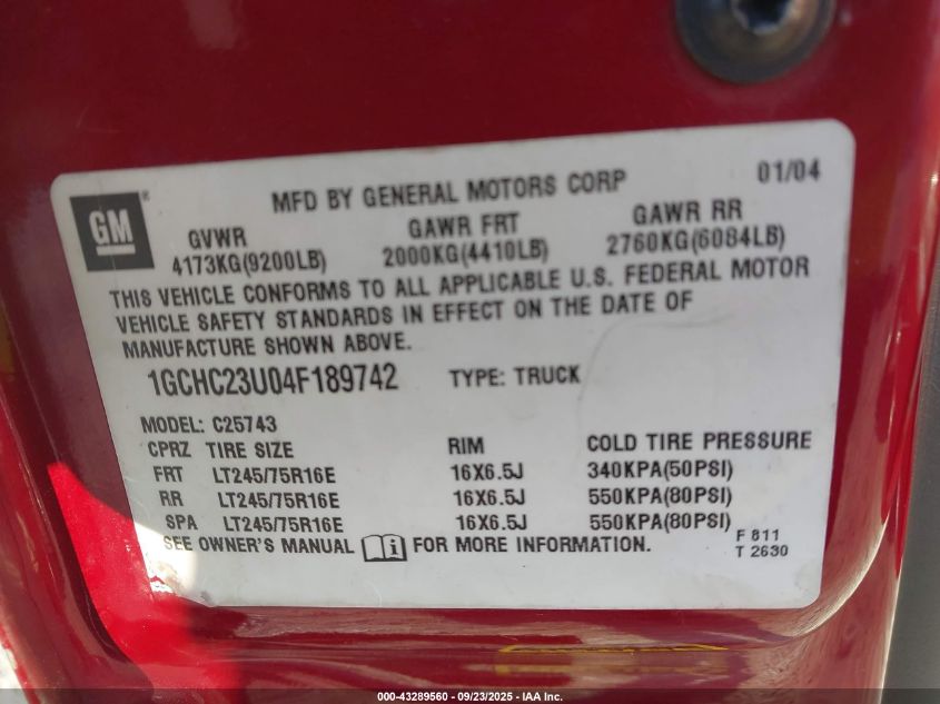 2004 Chevrolet Silverado 2500Hd Ls VIN: 1GCHC23U04F189742 Lot: 43289560