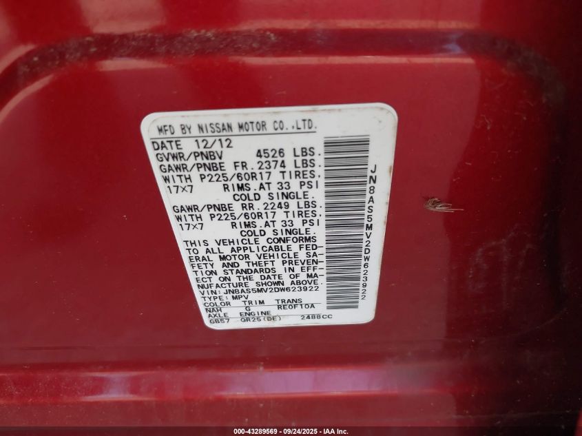 2013 Nissan Rogue Sv VIN: JN8AS5MV2DW623922 Lot: 43289569