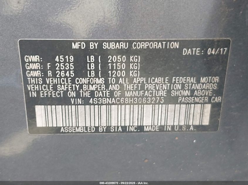 2017 Subaru Legacy 2.5I Premium VIN: 4S3BNAC68H3063275 Lot: 43289570