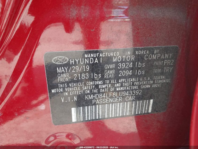 2020 Hyundai Elantra Limited/Sel/Value Edition VIN: KMHD84LF8LU943392 Lot: 43289572