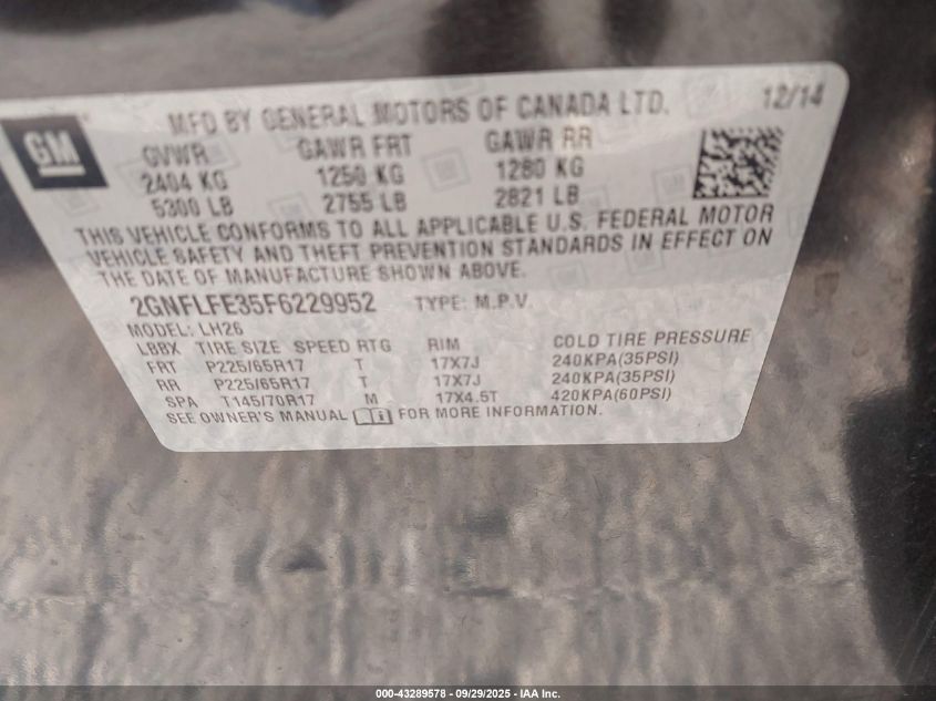 2015 Chevrolet Equinox 1Lt VIN: 2GNFLFE35F6229952 Lot: 43289578