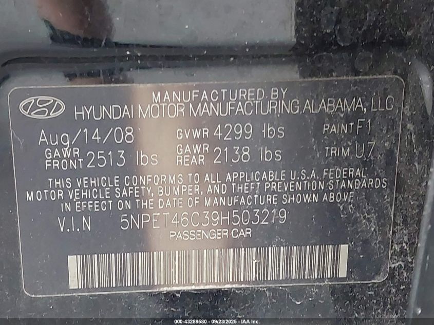 2009 Hyundai Sonata Gls VIN: 5NPET46C39H503219 Lot: 43289580