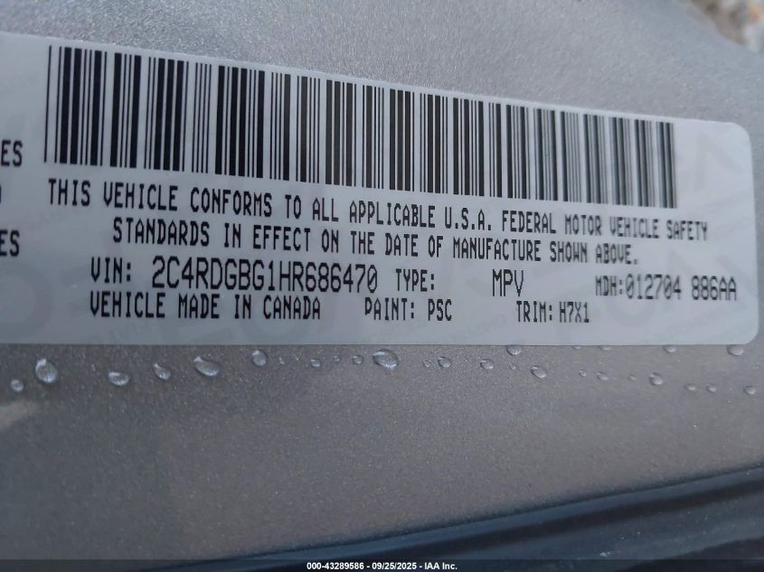 2017 Dodge Grand Caravan Se VIN: 2C4RDGBG1HR686470 Lot: 43289586
