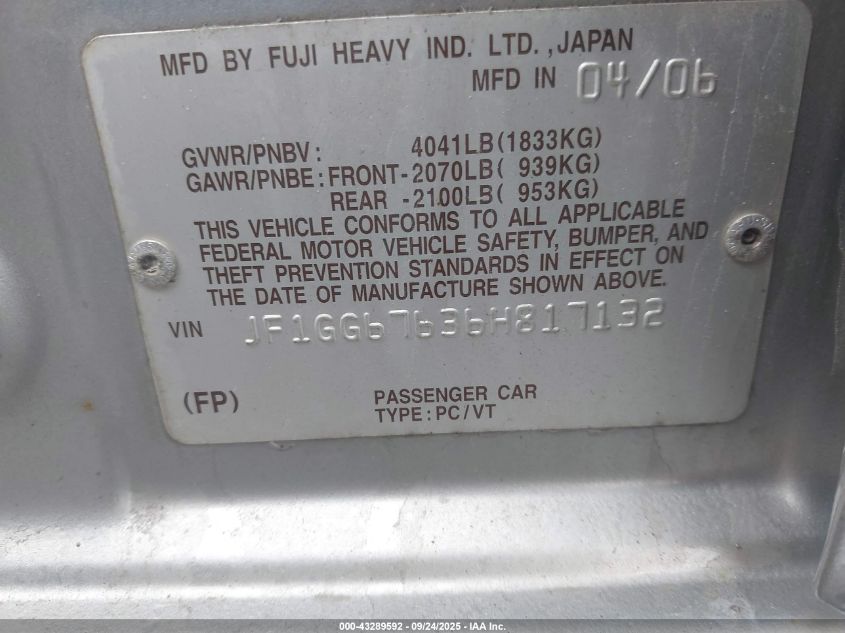 2006 Subaru Impreza VIN: JF1GG676368817132 Lot: 43289592