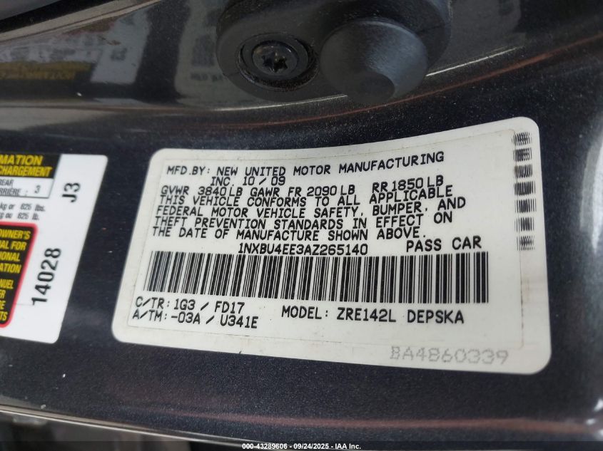 2010 Toyota Corolla S VIN: 1NXBU4EE3AZ265140 Lot: 43289606