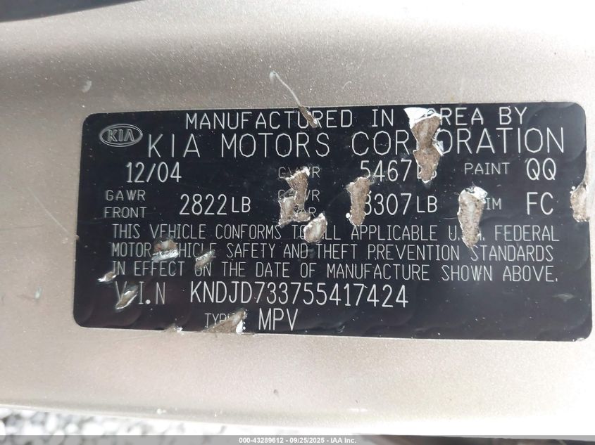 2005 Kia Sorento Ex/Lx VIN: KNDJD733755417424 Lot: 43289612