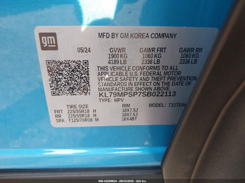 2025 Chevrolet Trailblazer Fwd Lt VIN: KL79MPSP7SB022113 Lot: 43289624