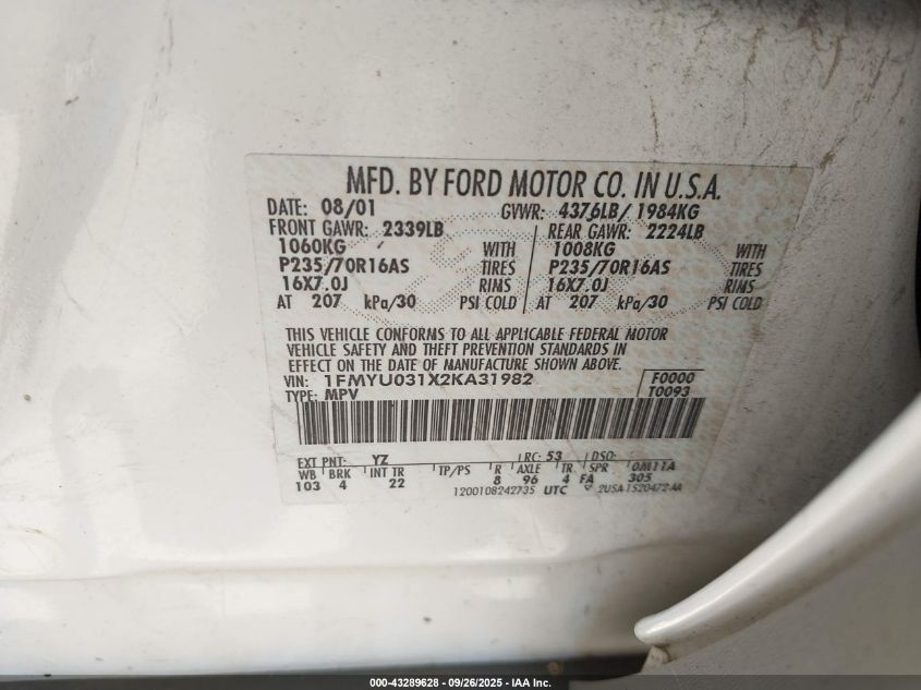 2002 Ford Escape Xlt VIN: 1FMYU031X2KA31982 Lot: 43289628