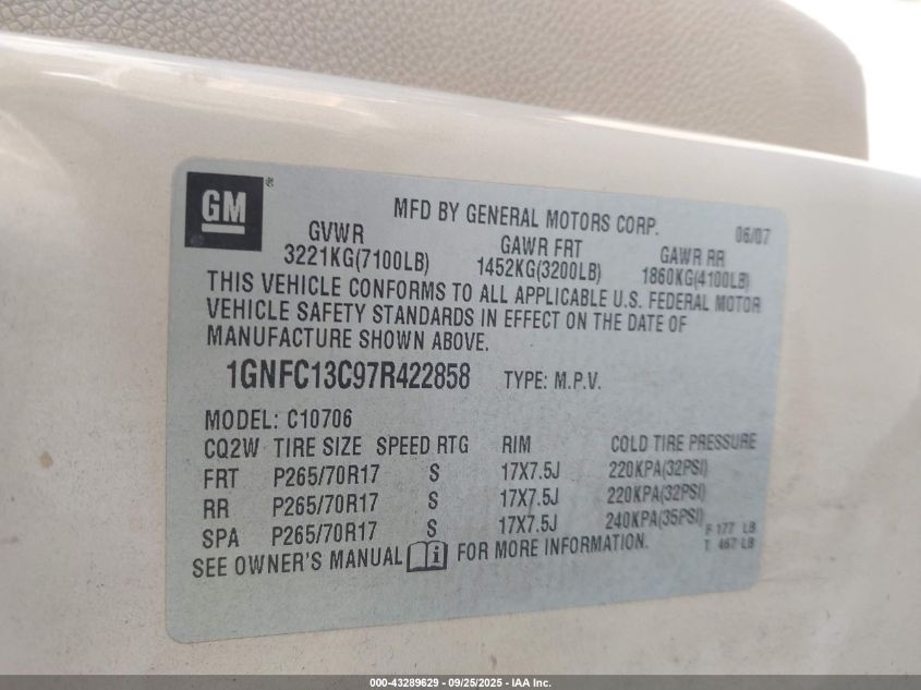 2007 Chevrolet Tahoe Ls VIN: 1GNFC13C97R422858 Lot: 43289629