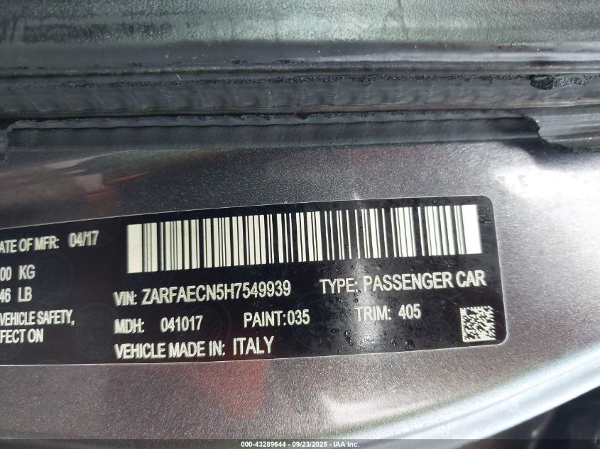 2017 Alfa Romeo Giulia Ti Rwd VIN: ZARFAECN5H7549939 Lot: 43289644