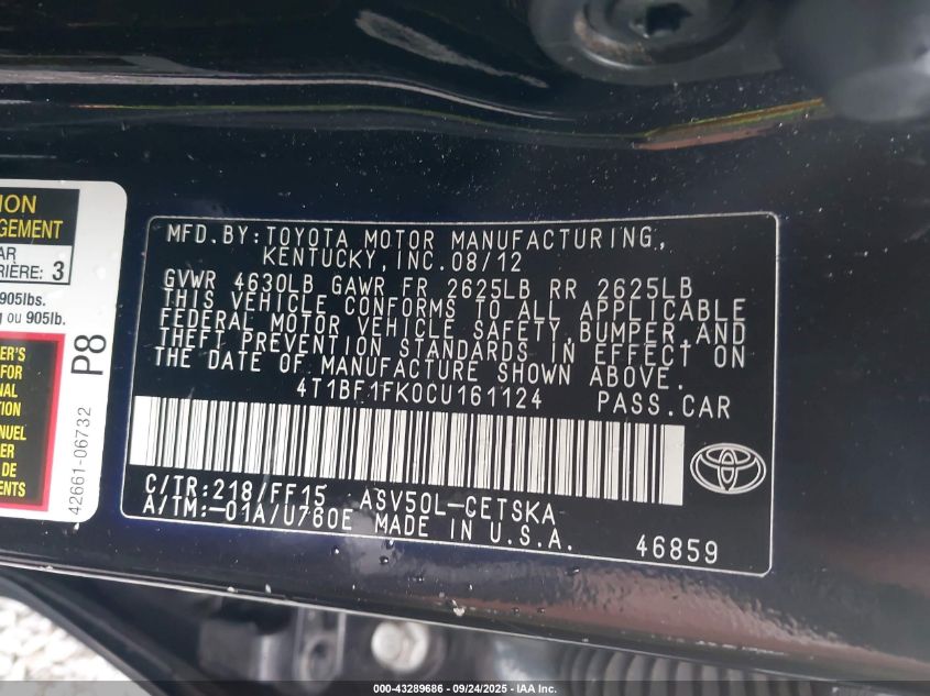 2012 Toyota Camry Se Limited Edition VIN: 4T1BF1FK0CU161124 Lot: 43289686