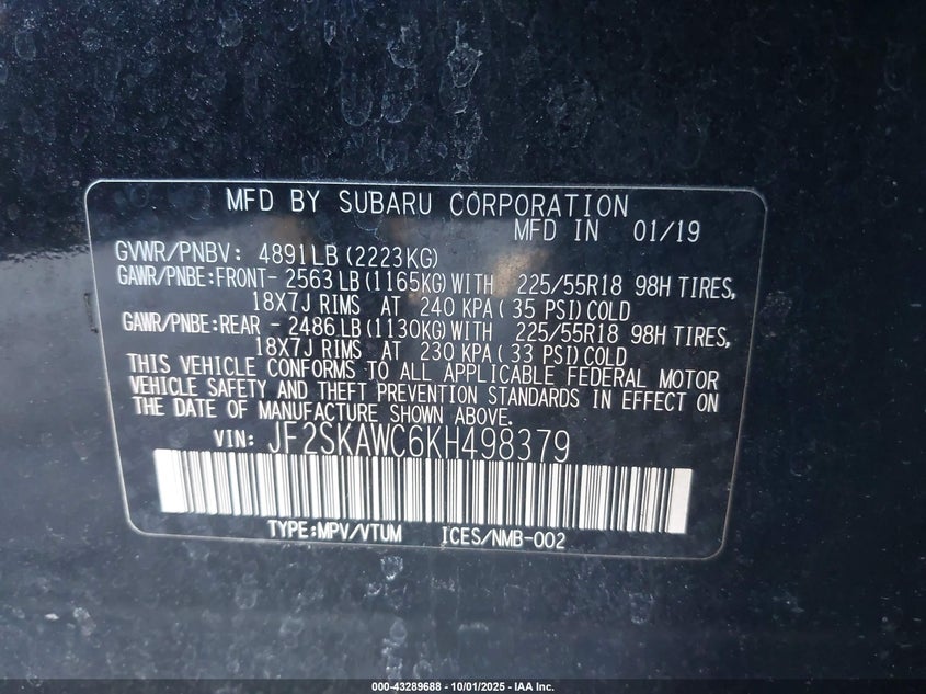 2019 SUBARU FORESTER TOURING - JF2SKAWC6KH498379