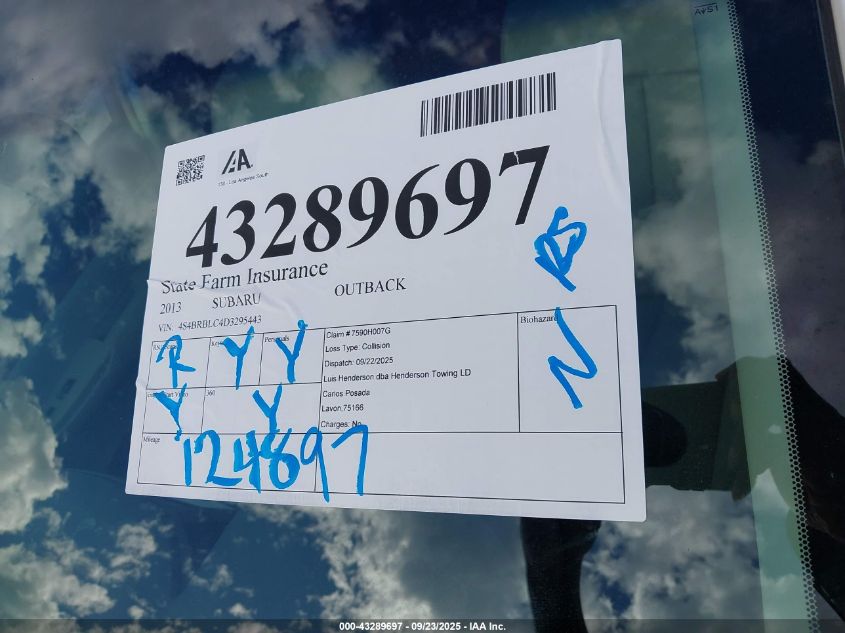 2013 Subaru Outback 2.5I Limited VIN: 4S4BRBLC4D3295443 Lot: 43289697