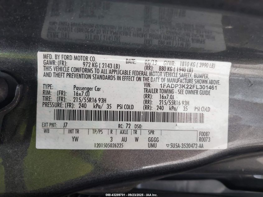 2015 Ford Focus Se VIN: 1FADP3K22FL301461 Lot: 43289701