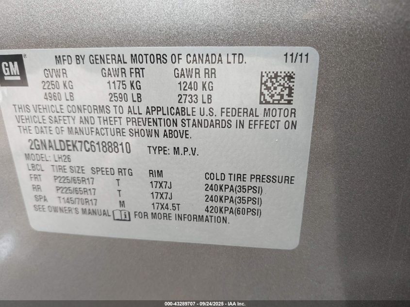 2012 Chevrolet Equinox 1Lt VIN: 2GNALDEK7C6188810 Lot: 43289707